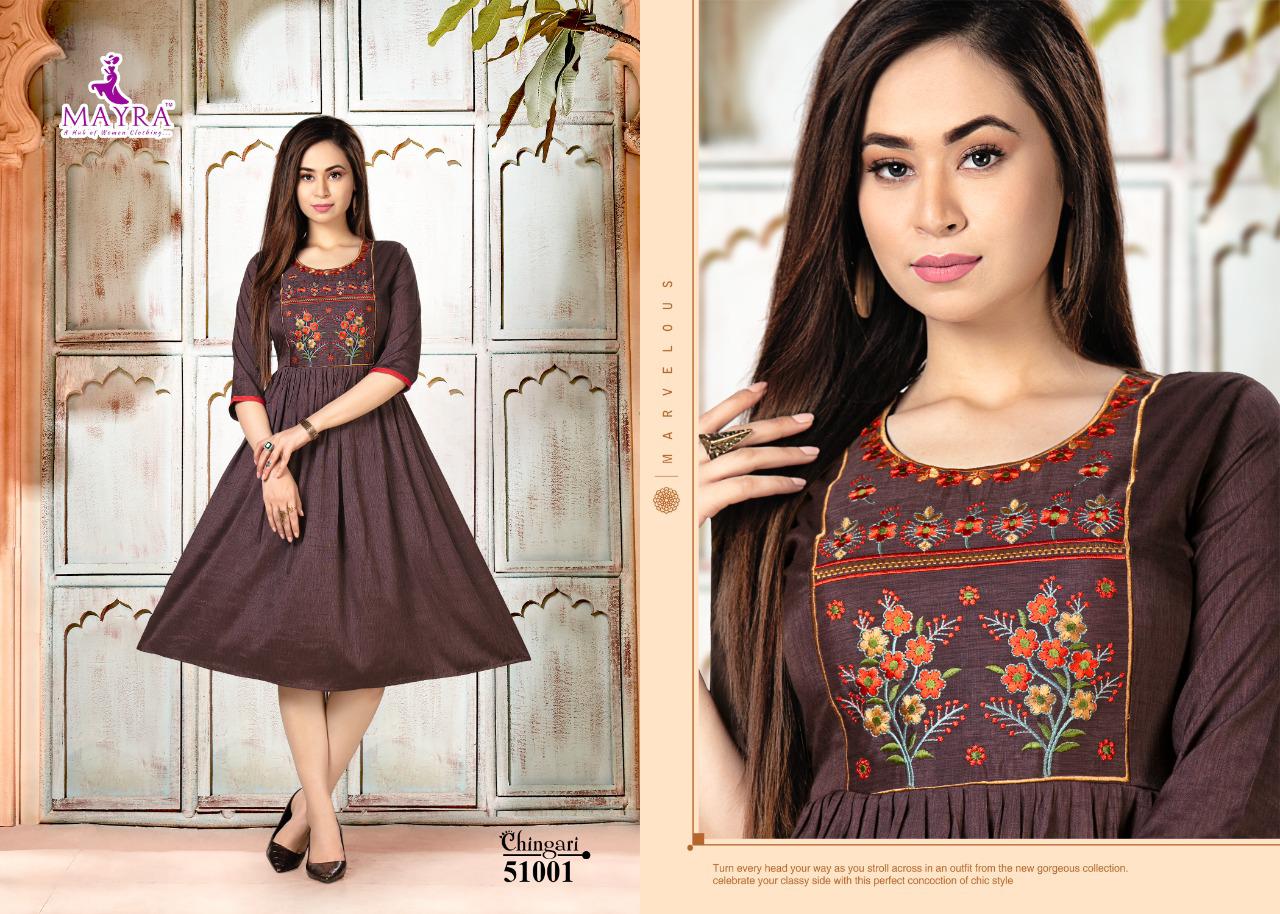 Mayra Chingari Fancy Regular Wear Rayon Printed Anarkali Kurti Collection